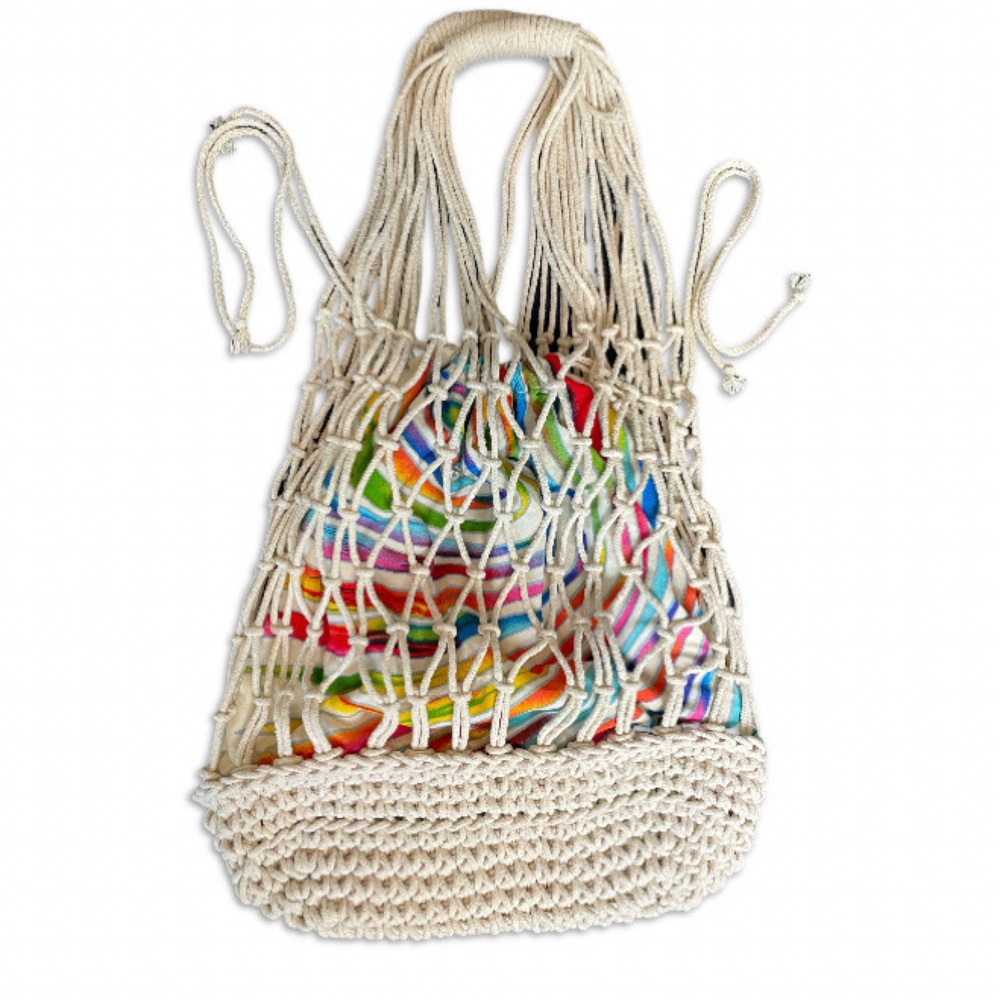 Vintage Macrame Crochet Bucket Tote Large Shoulder Bag By Sun And Sand Boho Chic